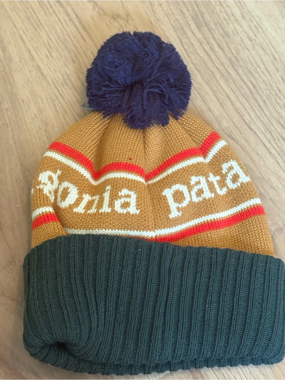 Patagonia Knit Pom Beanie in Mustard, Olive & Navy
